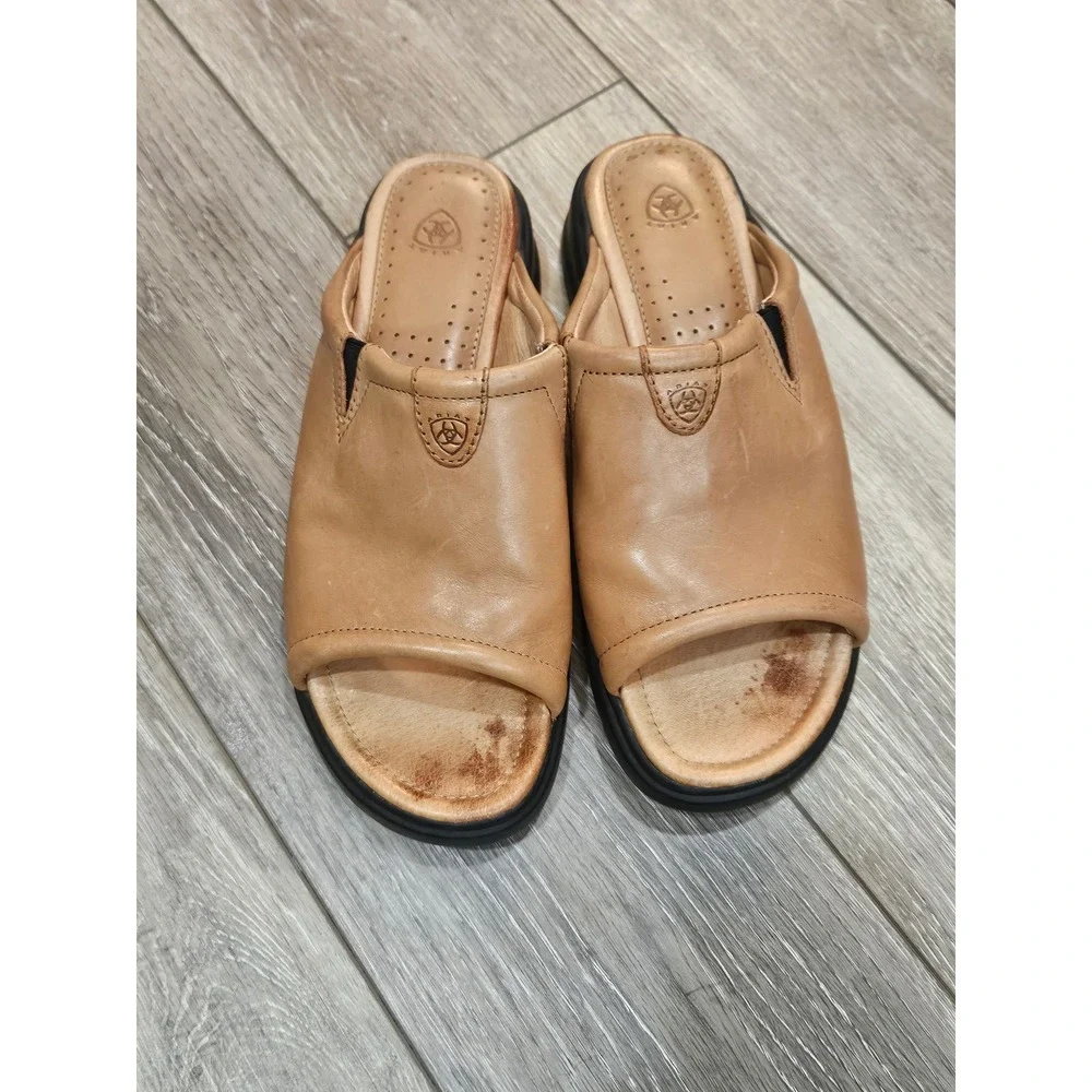 Ariat Womens Tan Leather Open Toe Slide Sandals Mules Brown Size 9.5 B